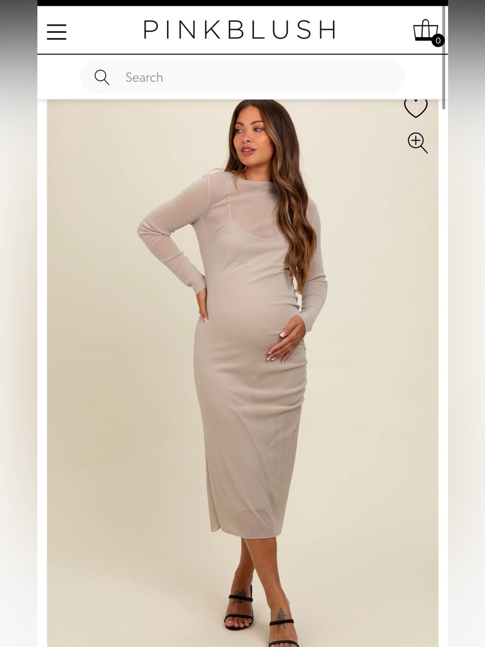 PinkBlush Sheer Long Sleeve Midi Dress in Taupe - Maternity!